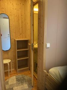 拉克塞爾夫的住宿－Fjordutsikten Motell & Camping AS，一间设有门的房间,通往带镜子的卧室