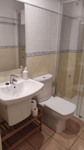 ein Bad mit einem Waschbecken, einem WC und einer Dusche in der Unterkunft Apartamento Ca la Raquel Calella Palafrugell in Calella de Palafrugell