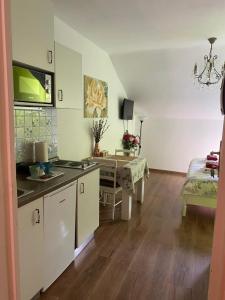 a kitchen with a table and a desk in a room at MKR Family Room in Zagreb