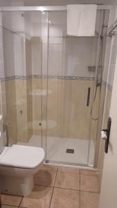 ein Bad mit einer Dusche und einem WC in der Unterkunft Apartamento Ca la Raquel Calella Palafrugell in Calella de Palafrugell