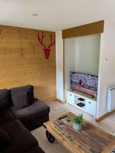 a living room with a couch and a tv at Appartement pied des pistes avec garage et balcon- Balcons des Pistes in Les Deux Alpes