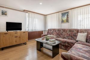 a living room with a couch and a flat screen tv at Pool House Mržek Family Friendly - Happy Rentals in Nova Vas