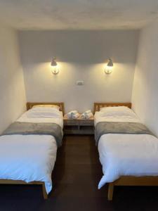 eine Reihe von drei Betten in einem Zimmer mit Beleuchtung in der Unterkunft Villa Green Heaven in Sarajevo