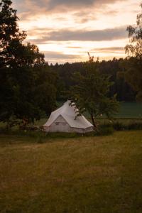 a white tent in a field with a tree at Glamping Hive 