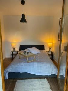 a bedroom with a bed with two lamps and two tables at Les Deux Alpes in Les Deux Alpes