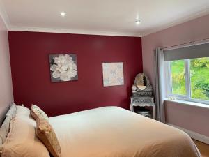 Dormitorio rojo con cama y ventana en Habititabities en Tenby