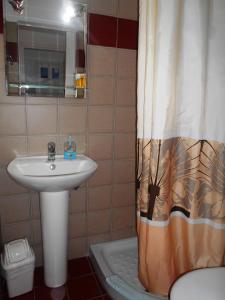 a bathroom with a sink and a shower curtain at Pension Barbara in Katapola