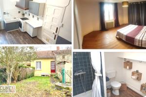 a collage of pictures of a bedroom and a room at Maison lumineuse & jardin privé in Confolens