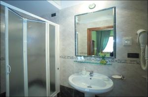 La salle de bains est pourvue d'un lavabo, d'une douche et d'un miroir. dans l'établissement B&B Old Florence Inn, à Florence