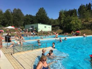 un groupe de personnes dans une piscine dans l'établissement Blockhäuser Fewo4 Harzblick, à Braunlage