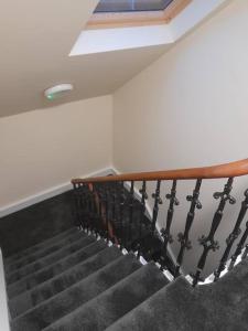a staircase with a wooden rail and a skylight at Kirkcudbright Holiday Apartments - Apartment G in Kirkcudbright