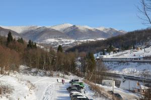 a group of cars parked on a snow covered road at Teremok Guest House in Vyshka