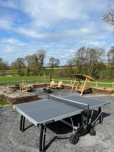 a ping pong table and picnic tables in a park at Canllefaes Cottages in Cardigan