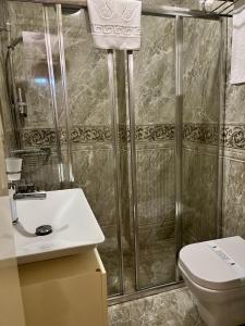 a bathroom with a shower with a toilet and a sink at İstasyon Hotel in Istanbul