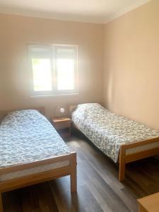 1 Schlafzimmer mit 2 Betten und einem Fenster in der Unterkunft Apartments Neira near Dubrovnik in Ivanica