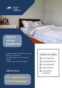 ein Flyer für eine Homepage mit einem Bett in der Unterkunft Gracia Locus- Home Comfort in Dimapur