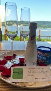 einen Teller mit zwei Weingläsern und einer Flasche Wein in der Unterkunft Lipno Villa Beach - Lipno Stausee - Lakeside in Loučovice