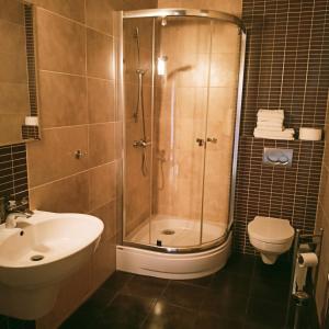 a bathroom with a shower and a sink and a toilet at Hotel Hetman in Kroczyce
