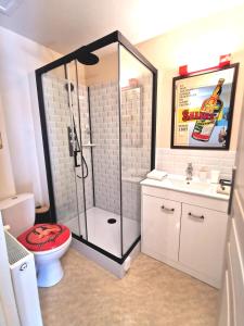 a bathroom with a shower and a toilet and a sink at L'escapade Vintage, garage, Balnéo, 2 SDB, à 5 minutes du Puy in Espaly-Saint-Marcel