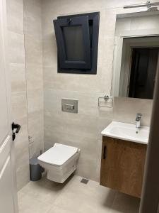 a bathroom with a toilet and a tv on the wall at KARAASLAN GROUP TATİL EVLERİ in Kuşadası