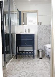 a bathroom with a blue sink and a toilet at Apartament Amerigo in Wrocław