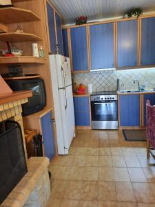 a kitchen with blue cabinets and a white refrigerator at Toulas House in Divarata