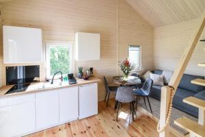 a kitchen and living room in a tiny house at Pogodny domek in Kołczewo