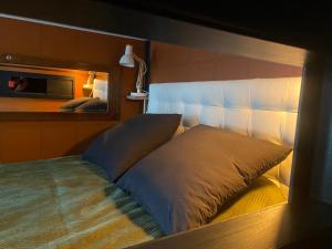a bed with two pillows on it in a room at Love room - love Abella box, location adulte in Saint-Étienne-au-Mont