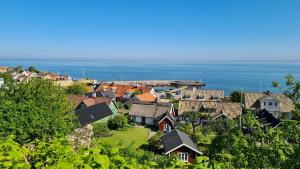 een dorp met huizen en de oceaan op de achtergrond bij Villa Björk in Arild