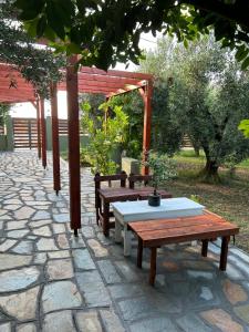 a picnic table and two benches on a patio at Green Olive Studios 2 in Áyios Mámas