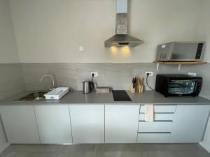 a kitchen with a sink and a microwave at Bois Mapou Self Catering Apartments Unit 104 in Rivière Noire