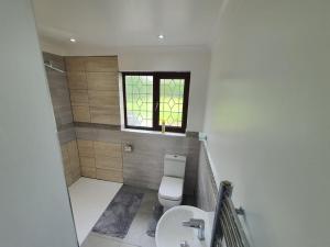 uma casa de banho com um WC e uma janela em Bungalow in leafy area em Upminster
