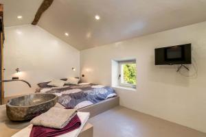 a bedroom with a bed and a tub and a television at Villa Casa Libera in Livade