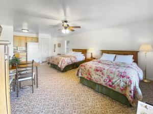 a bedroom with two beds and a table and a kitchen at Robins Roost b in Hatch