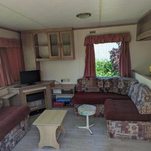 a living room with a couch and a table at Glebe Farm Holidays in Newport