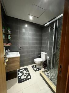 a bathroom with a shower and a toilet and a sink at Cozy Apartment with Pool near Beach in Mohammedia