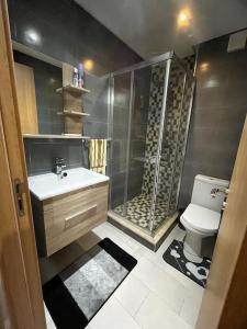 a bathroom with a shower and a sink and a toilet at Cozy Apartment with Pool near Beach in Mohammedia