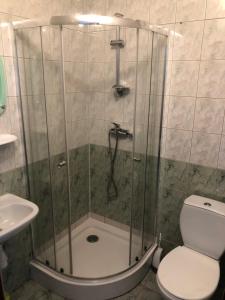 uma casa de banho com um chuveiro, um WC e um lavatório. em Noclegi Rynek 12 em Lesko