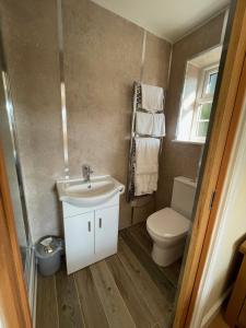 a small bathroom with a sink and a toilet at The Haystack Lodge in Tarporley
