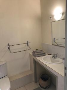 a bathroom with a sink and a toilet and a mirror at Hôtel Restaurant L’Observatoire in Saint-Michel-lʼObservatoire