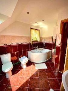 ein Badezimmer mit einer Badewanne, einem WC und einem Waschbecken in der Unterkunft VillaSun in Baloži