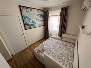 マラガにあるGENUAR APARTMENTS MALAGA CENTER. FREE PARKINGの小さなベッドルーム(ベッド1台付)が備わります。壁には絵画が飾られています。