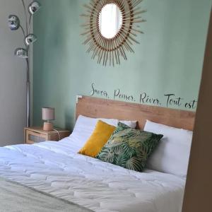 sypialnia z łóżkiem z lustrem na ścianie w obiekcie T2 Moderne Proche du port - CLIM w Nicei