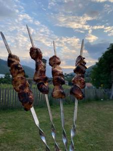 a bunch of skewered food on skewers in a field at Bombora in Mestia