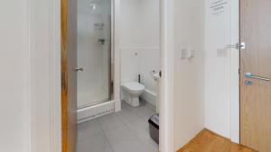 a white bathroom with a toilet and a shower at Superb Studio Apartment in London