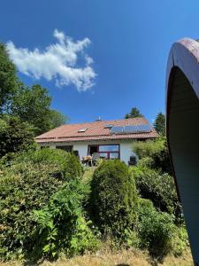 una casa con techo rojo y arbustos en Haus am Oberen Eschenbacher Teich, en Clausthal-Zellerfeld