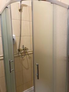 a shower with a glass door in a bathroom at Hotel Fortetsya Hetmana in Hatne