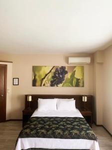 Mitos Hotel في بوزجادا: غرفة نوم بسرير ودهان على الحائط