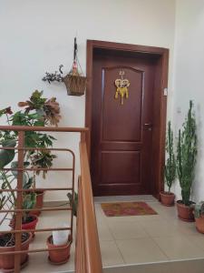 un pasillo con una puerta marrón y algunas plantas en Apartment Ventuno 21 en Sliven