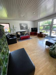 a living room with a couch and a tv at Haus am Oberen Eschenbacher Teich in Clausthal-Zellerfeld